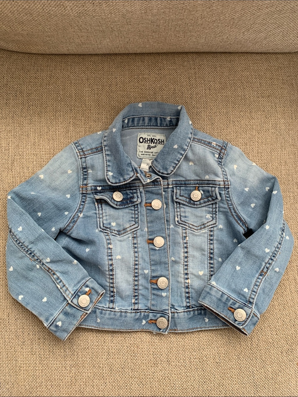 Jean Jacket White Heart Print OshKosh Bgosh Size 3T Blue Denim